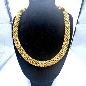 Vintage Gold Tone Beaded Mesh Necklace Statement Magnetic Twist Clasp